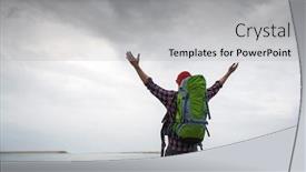  Presentation with gratitude - PPT theme enhanced with traveman traveling backpack with arms raised feeling the gratitude background and a light gray colored foreground