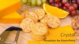  Presentation with cheddar - PPT layouts consisting of tray-of-cheese-and-fruit background and a gold colored foreground