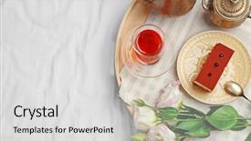  Presentation with tea cake - PPT layouts having tray with cup of tea and cake on white bed background and a light gray colored foreground