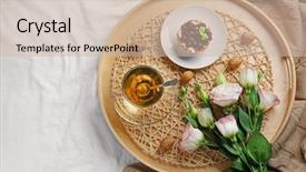  Presentation with tea cake - Cool new slides with tray with cup of tea and cake on white bed backdrop and a soft green colored foreground