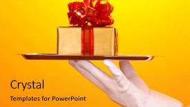  Presentation with banquet server hand tray - Cool new PPT theme with portrait of funny young woman taking selfie photo with mobile phone near christmas tree backdrop and a violet colored foreground