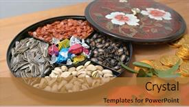  Presentation with mean - PPT theme featuring tray with gold coin words background and a gold colored foreground