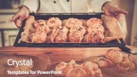  Presentation with banquet server hand tray - PPT layouts enhanced with tray with homemade baked goods background and a coral colored foreground