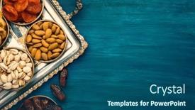  Presentation with fast food healthy - Presentation theme consisting of tray-with-pistachiosnuts-almonds-dried background and a ocean colored foreground