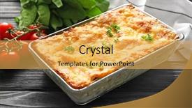  Presentation with food lasagna - Slide set featuring tray with tasty spinach lasagna background and a yellow colored foreground