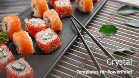  Presentation with sushi - Audience pleasing slide deck consisting of tray with tasty sushi rolls on table backdrop and a dark gray colored foreground