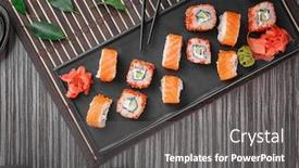  Presentation with sushi - Cool new PPT theme with tray with tasty sushi rolls on table backdrop and a gray colored foreground