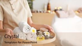  Presentation with salon and spa - Slide set having tray with treatments in spa background and a coral colored foreground
