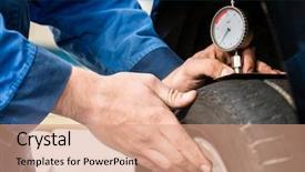  Presentation with tire - Slide deck enhanced with treading - hands of male mechanic pressing background and a coral colored foreground