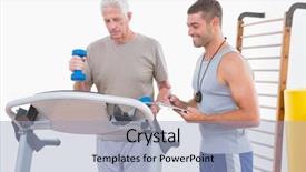  Presentation with treadmill - Colorful PPT theme enhanced with treadmill with trainer in fitness backdrop and a light blue colored foreground