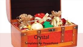  Presentation with an open gift box - Amazing PPT theme having treasure chest - open wooden trunk with gifts backdrop and a  colored foreground