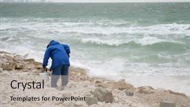  Presentation with treasure hunt - Slide deck with treasure hunt - retired person scavenging the beach background and a light gray colored foreground