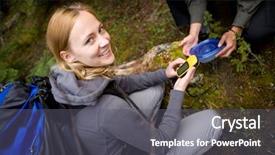  Presentation with treasure hunt - Slides enhanced with treasure hunt - young woman finding a geocache background and a gray colored foreground