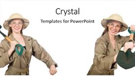  Presentation with white and black woman climbing ladders - Cool new PPT theme with treasure hunter - woman wearing safari hat backdrop and a white colored foreground