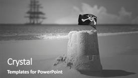  Presentation with pirate treasure - Colorful PPT theme enhanced with treasure islands - pirate flag on sand castle backdrop and a gray colored foreground