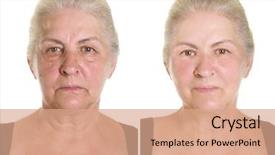  Presentation with elderly - Audience pleasing slides consisting of skin treatment - elderly woman's portrait isolated backdrop and a coral colored foreground