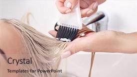  Presentation with hair salon - Beautiful PPT theme featuring treatment - hairdresser putting mask on woman's backdrop and a coral colored foreground