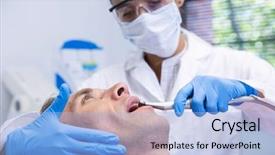  Presentation with dental - Audience pleasing slides consisting of treatment by dentist at clinic backdrop and a light blue colored foreground