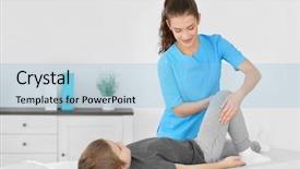  Presentation with physiotherapist - Colorful slide set enhanced with treatment child - physiotherapist working with patient backdrop and a light blue colored foreground