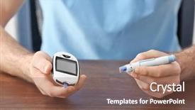  Presentation with digital pen - Theme featuring treatment diabetes - diabetic man with digital glucometer background and a violet colored foreground