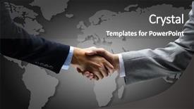  Presentation with world map - Presentation theme enhanced with treaty - handshake with map background and a dark gray colored foreground