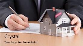  Presentation with estate - Colorful presentation theme enhanced with treaty - real estate concept - businessman backdrop and a coral colored foreground