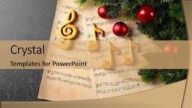  Presentation with music sheets - Amazing slides having treble clef - christmas decorations on music sheets backdrop and a coral colored foreground