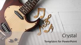  Presentation with turquoise sheet music - Audience pleasing theme consisting of treble clef - musical notes sheet and guitar backdrop and a light gray colored foreground