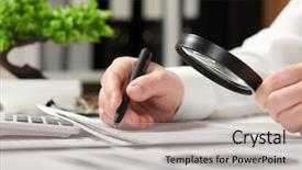  Presentation with accounting - Presentation theme featuring businessman working in office and calculating finance using magnifying glass business financial accounting concept background and a coral colored foreground