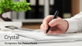  Presentation with accounting - Slide set consisting of tree diagram - businessman working in office background and a soft green colored foreground