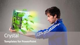  Presentation with environmental - Presentation design having tree eco green tech - casual young boy holding laptop background and a  colored foreground