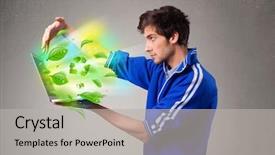  Presentation with laptop - Audience pleasing presentation theme consisting of tree eco green tech - casual young boy holding laptop backdrop and a light gray colored foreground