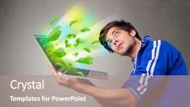  Presentation with young man holdng laptop on lap money - Colorful slide deck enhanced with tree eco green tech - casual young boy holding laptop backdrop and a coral colored foreground