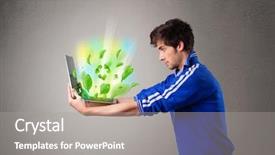  Presentation with laptop - Colorful presentation theme enhanced with tree eco green tech - casual young boy holding laptop backdrop and a gray colored foreground