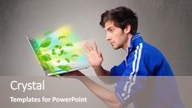  Presentation with laptop - Slides featuring tree eco green tech - casual young boy holding laptop background and a  colored foreground