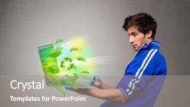  Presentation with laptop - PPT theme with tree eco green tech - casual young boy holding laptop background and a  colored foreground