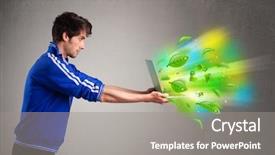  Presentation with laptop - PPT layouts featuring tree eco green tech - casual young boy holding laptop background and a  colored foreground