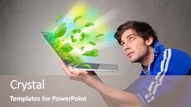  Presentation with laptop - Colorful presentation design enhanced with tree eco green tech - casual young boy holding laptop backdrop and a  colored foreground