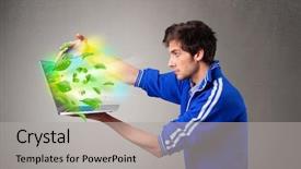  Presentation with laptop - Audience pleasing PPT theme consisting of tree eco green tech - casual young boy holding laptop backdrop and a  colored foreground