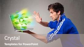  Presentation with poverty influences environmental degradation - Beautiful PPT layouts featuring tree eco green tech - casual young boy holding laptop backdrop and a  colored foreground