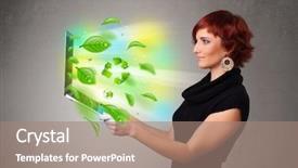  Presentation with environmental globeee - Slide set having tree eco green tech - casual young woman holding notebook background and a coral colored foreground