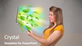  Presentation with tyre recycle - Colorful presentation theme enhanced with tree eco green tech - casual young woman holding notebook backdrop and a  colored foreground