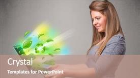  Presentation with notebook - Presentation theme with tree eco green tech - casual young woman holding notebook background and a  colored foreground