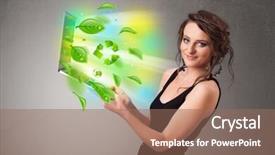  Presentation with notebook - Colorful slide deck enhanced with tree eco green tech - casual young woman holding notebook backdrop and a  colored foreground