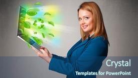  Presentation with environmental microbiology - Audience pleasing presentation design consisting of tree eco green tech - casual young woman holding notebook backdrop and a  colored foreground