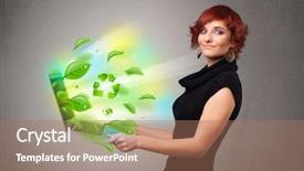  Presentation with notebook - PPT layouts featuring tree eco green tech - casual young woman holding notebook background and a  colored foreground