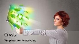  Presentation with automation of environmental - Colorful presentation enhanced with tree eco green tech - casual young woman holding notebook backdrop and a  colored foreground