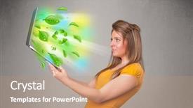  Presentation with notebook - Audience pleasing presentation consisting of tree eco green tech - casual young woman holding notebook backdrop and a  colored foreground