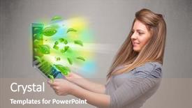  Presentation with notebook - Presentation having tree eco green tech - casual young woman holding notebook background and a  colored foreground