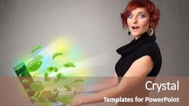  Presentation with poverty influences environmental degradation - Beautiful presentation design featuring tree eco green tech - casual young woman holding notebook backdrop and a  colored foreground